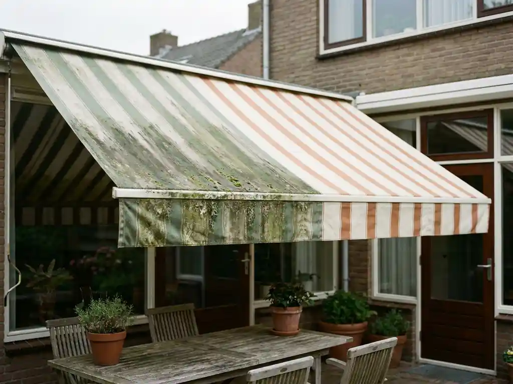 Zonnescherm half bedekt met groene algen en mosplekken, half schoongemaakt, op een Nederlandse woonterras in natuurlijk daglicht.
