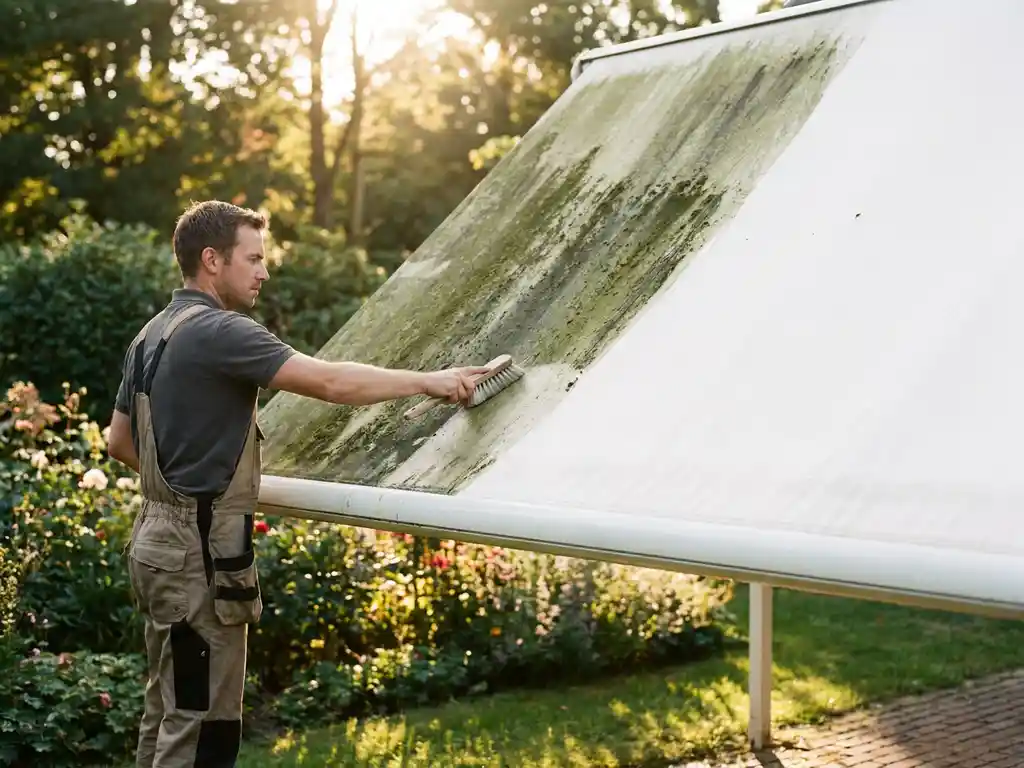 Professionele reiniger borstelt groene algengroei van een zonnescherm, met zichtbaar contrast tussen vuil en schoon wit doek.